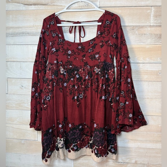 Free People Modern Chinoiserie Floral Print Mini Dress Merlot Combo Size M - Picture 2 of 7
